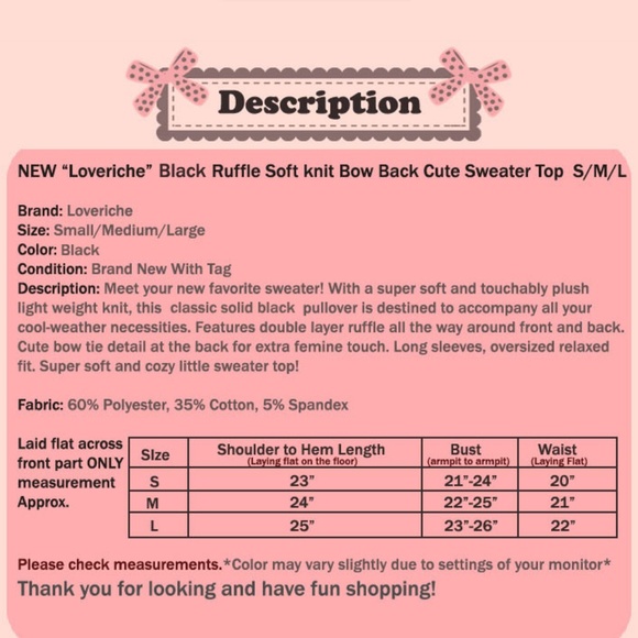 Last☝️ Black Ruffle Bow Back Soft Cute Sweater Top - Picture 8 of 8